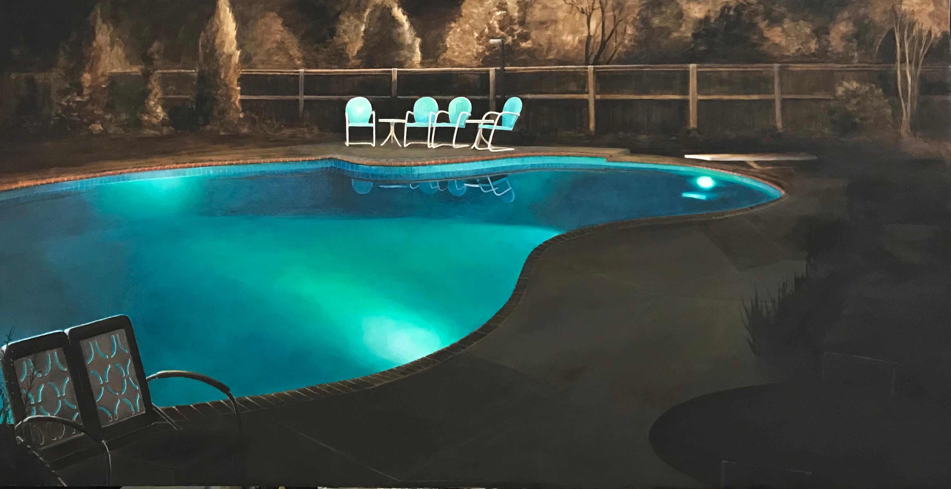 Landscape Painting de Linda Griggs - "Sirenas" Pintura al óleo contemporánea hiperrealista, piscina azul de noche