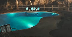 "Sirens" Hyper-Realist Contemporary Oil Painting, blue swimming pool at night