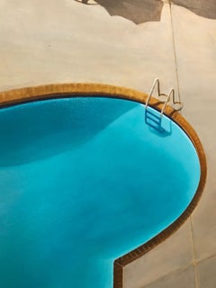 "Summer is Waiting For You" Heart Shaped Pool, Orange Umbrellas, oil painting