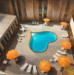 "Summer is Waiting For You" Heart Shaped Pool, Orange Umbrellas, oil painting