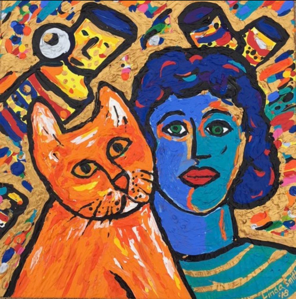 Linda H. Smith Animal Painting - Woman with Orange Cat
