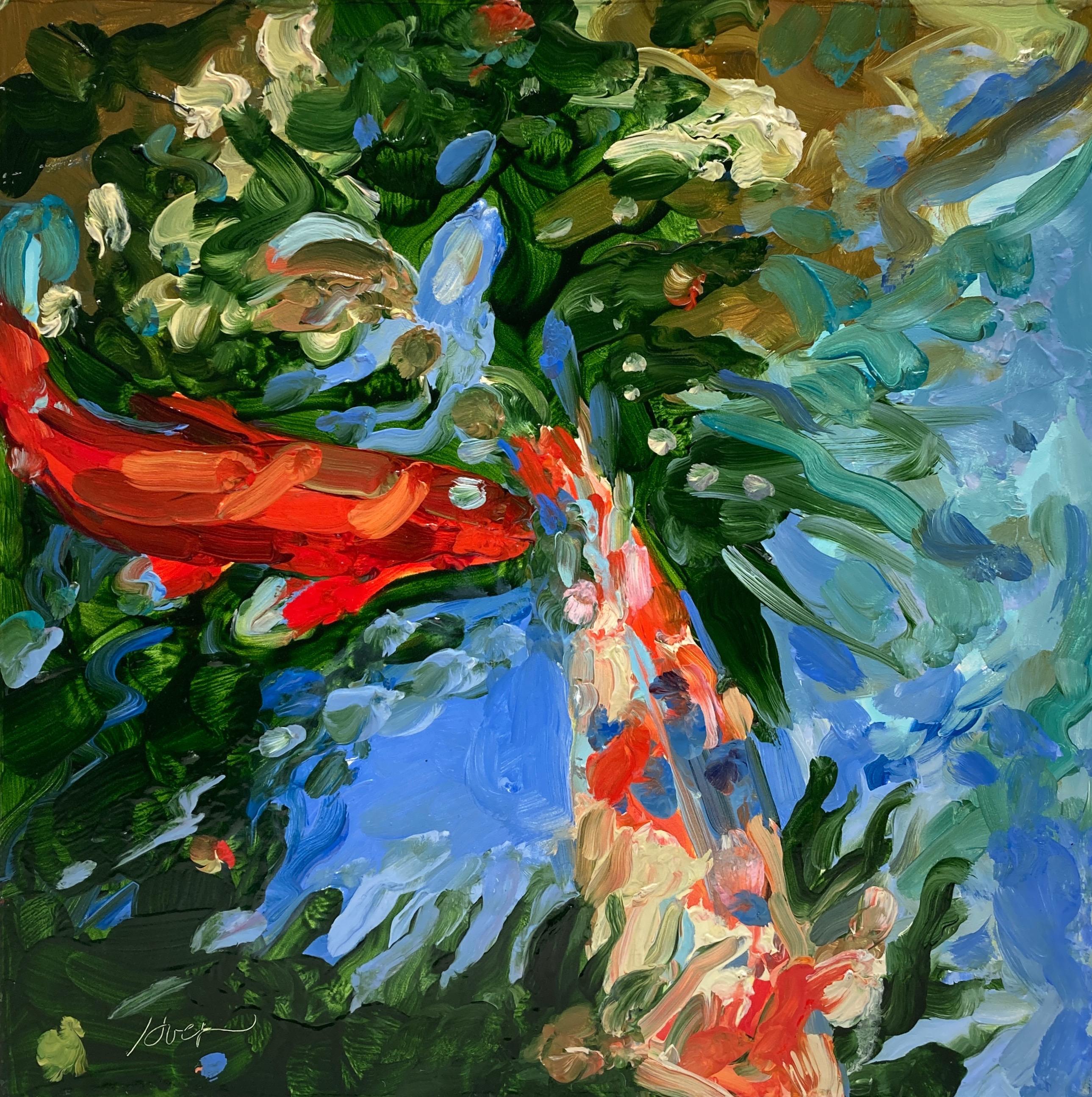 Linda Holt Abstract Painting - 2 Koi Expressionist Brightly Colored Koi Underwater Red/Orange/Blue/Green/Yellow