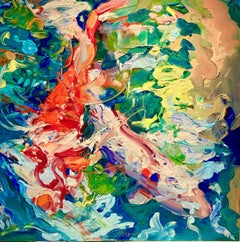 "2 Koi Underwater Landscape"  Koi fish swimming blues, orange, white, green, red