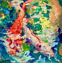 "2 Koi Underwater Landscape" Koi fish swimming blues, orange, white, green, red