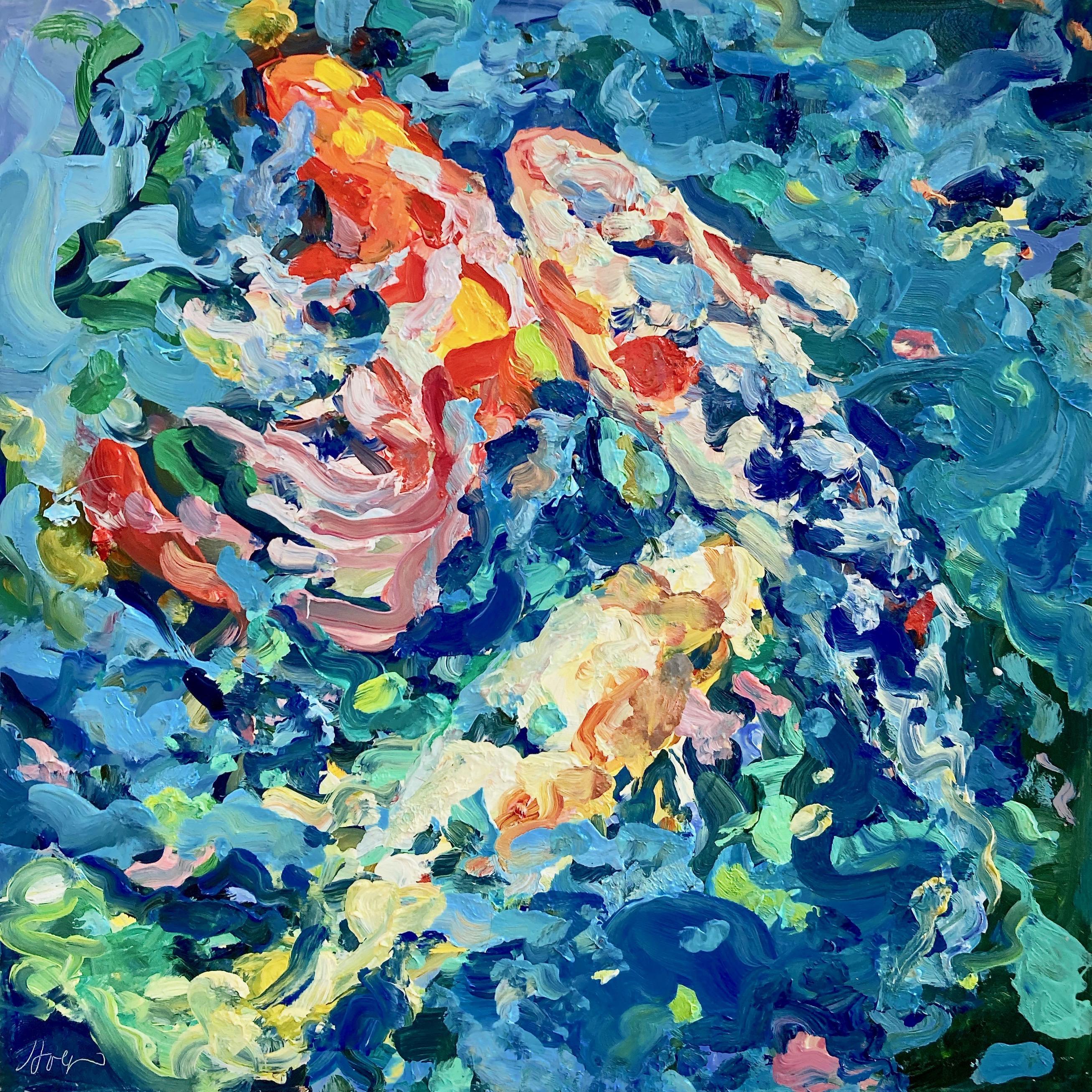 Linda Holt Animal Painting - "3 Koi Underwater Landscape"  Bright abstract fish, blues, red, orange, green