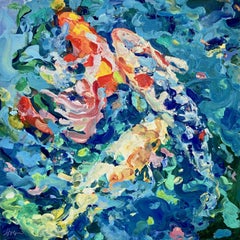 "3 Koi Underwater Landscape"  Bright abstract fish, blues, red, orange, green