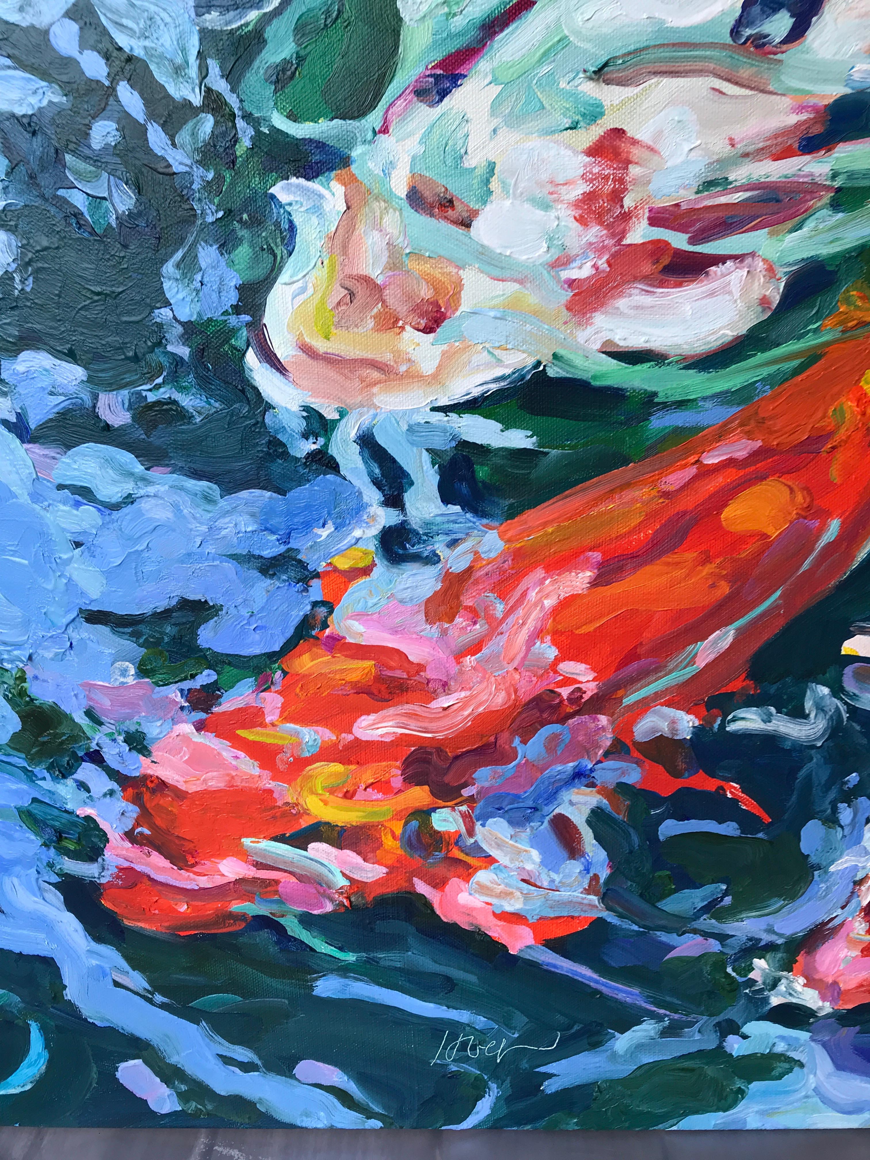 „4 Koi 20“  Expressionistischer leuchtend roter, weißer und orangefarbener Koi in hellem, gefülltem Wasser (Blau), Figurative Painting, von Linda Holt