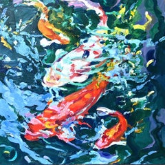 "4 Koi 20" Expressionist koi, bright red, orange, white, water blue/green, light
