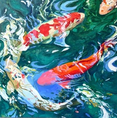 "4 Koi 20 Larger"  Expressive koi fish in bright reds, oranges, blue/green water