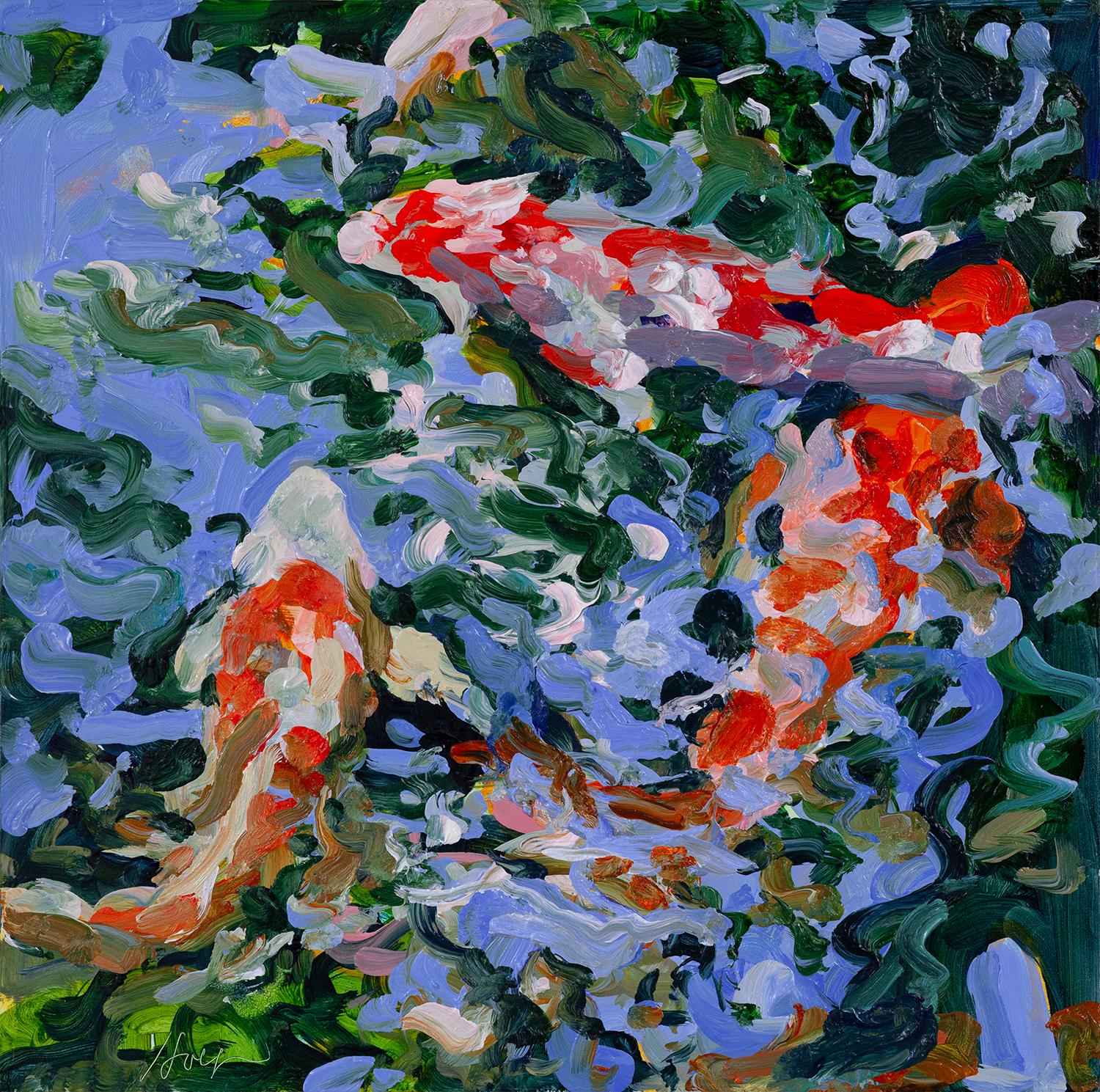 Linda Holt Figurative Painting - "4 Koi 22" - Brightly Colored Koi Fish Underwater - red/orange/yellow/blue/green