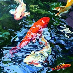 "5 Koi 2/20"  Expressionist koi, bright orange/red/pale yellow, water blue/green