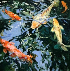 "5 Koi 20" Expressionist koi pale yellow, orange, white, blue/green water, light