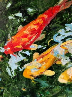 "5 Koi 21"  Lush brilliantly colored expressionist painting koi fish underwater