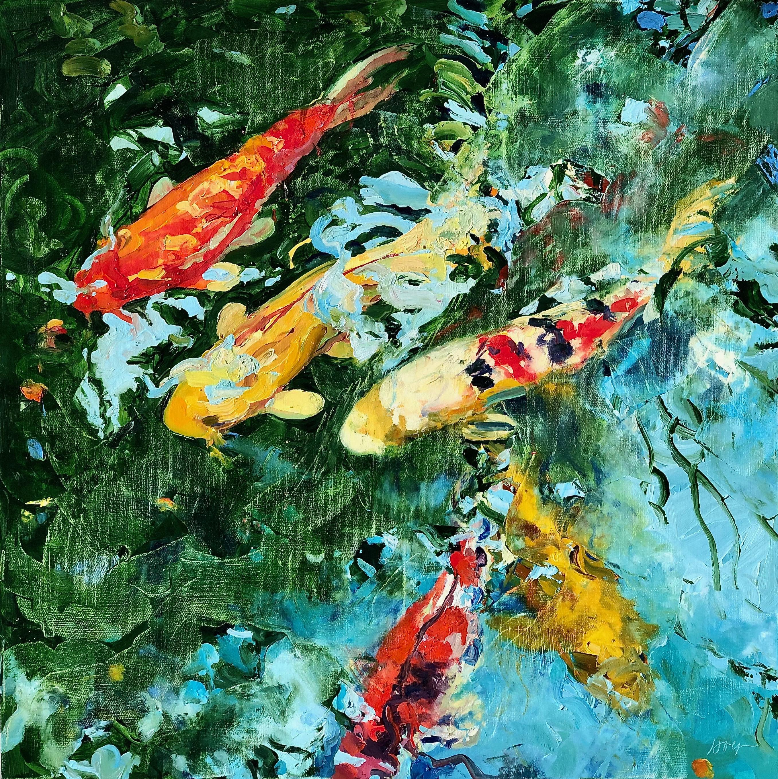 Linda Holt Animal Painting - "5 Koi 21"  Lush brilliantly colored expressionist painting koi fish underwater 