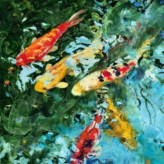"5 Koi 21"  Lush brilliantly colored expressionist painting koi fish underwater 