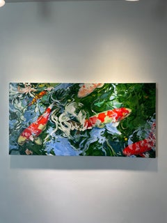 "6.5 Koi 23" Bright Red & White Koi Swimming in Swirls of Blue Water with Green
