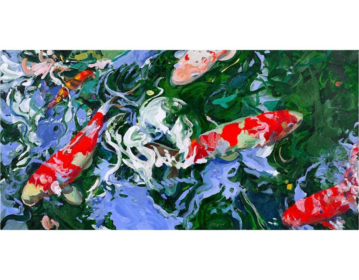 Linda Holt Figurative Painting – "6,5 Koi 23"  Bright Red & White Koi Swimming in Wirbeln von blauem Wasser mit grünem Grün