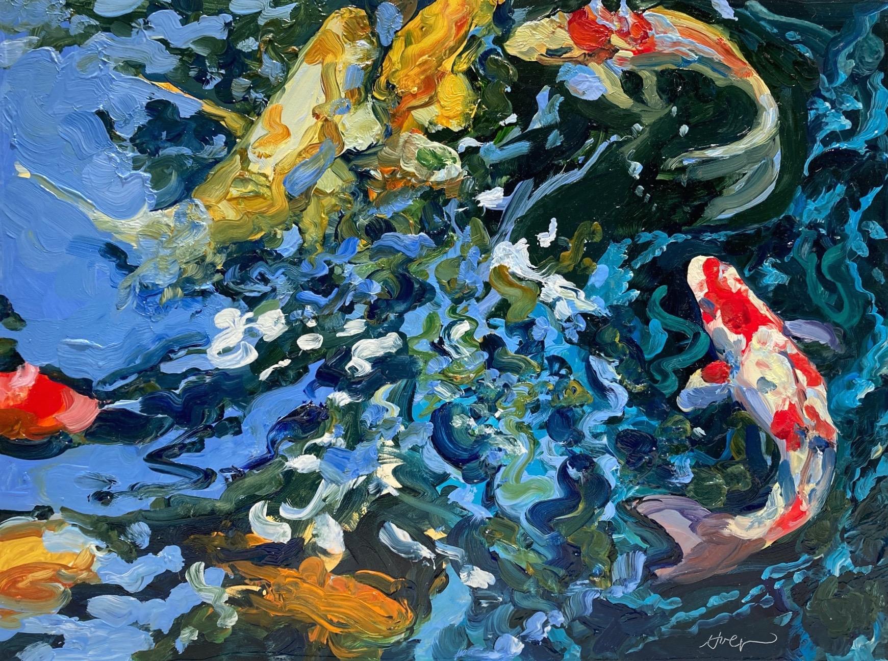 "7 Koi"   Expressionist Brightly Colored Koi Underwater in Red/Yellow/Blue/Green