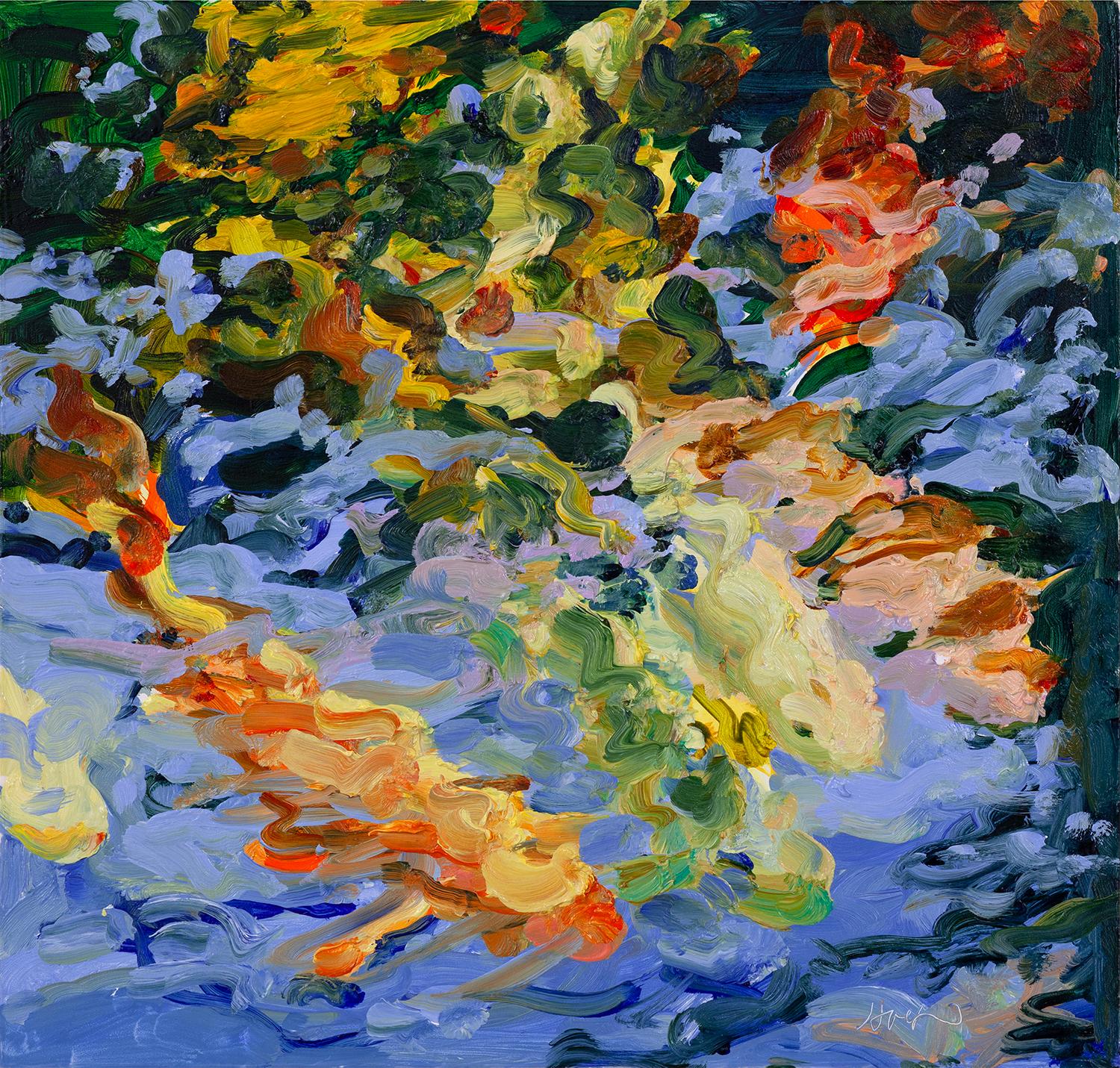 Linda Holt Figurative Painting – "9 Koi 23 - 2" Leuchtend bunte Koi Fische unter Wasser - rot/orange/gelb/blau