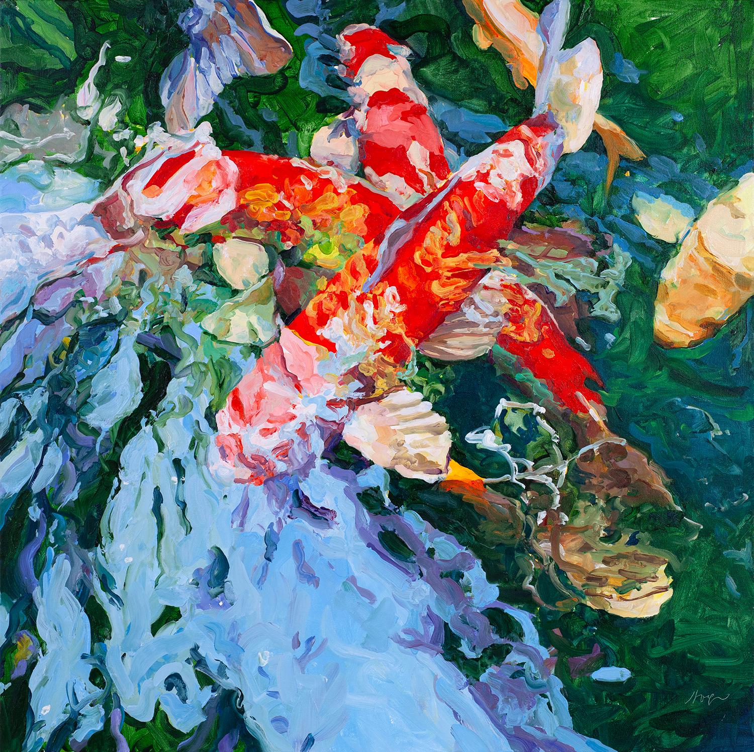 "9 Koi 23" - Bright Abstract Fish Underwater - red/orange/yellow/blue/green - Painting by Linda Holt