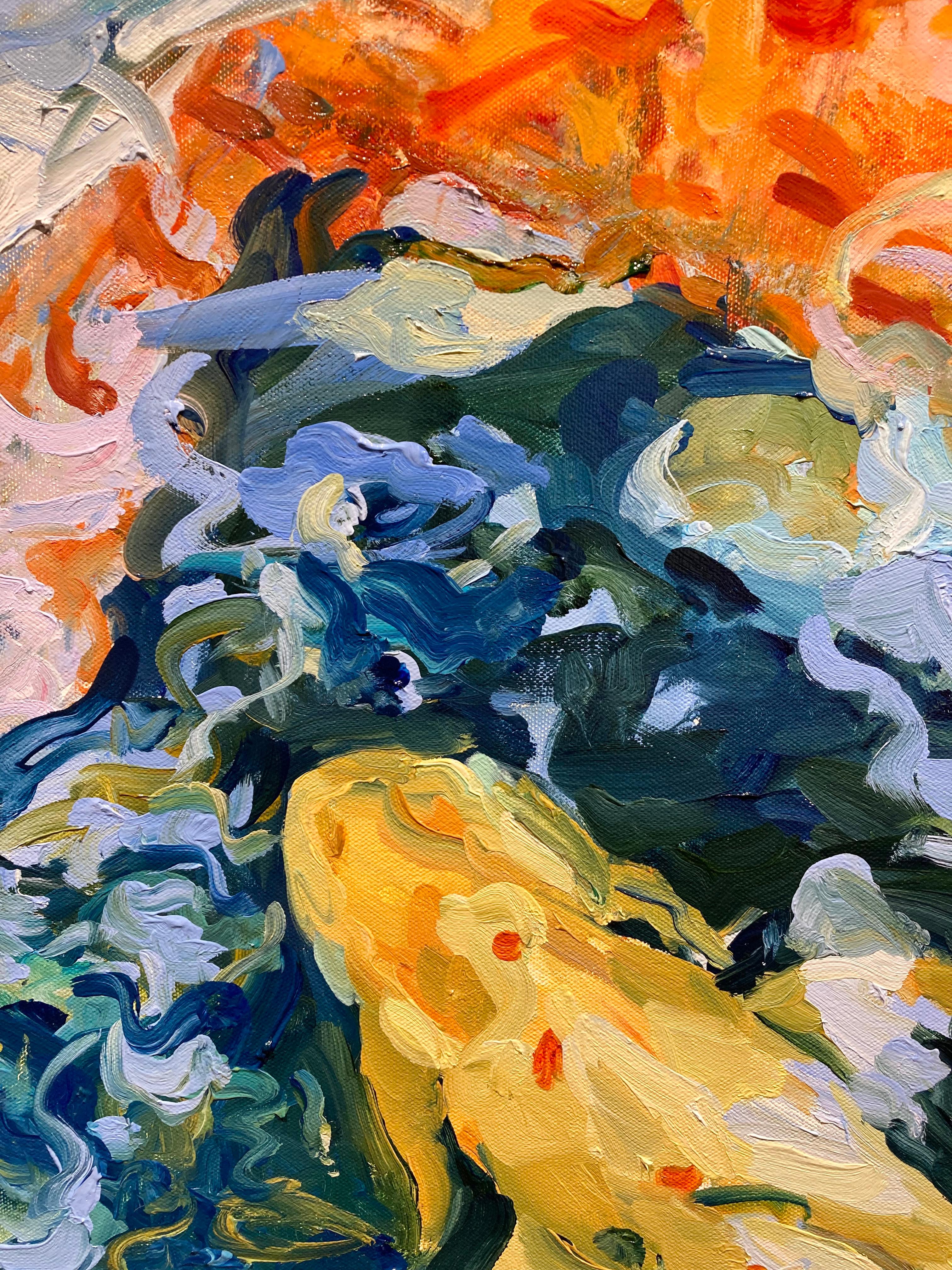 „9 Koi 23“    Leuchtend orange, gelb, rot, weiß schwimmende Koi in blauem/grünem Wasser (Expressionismus), Painting, von Linda Holt