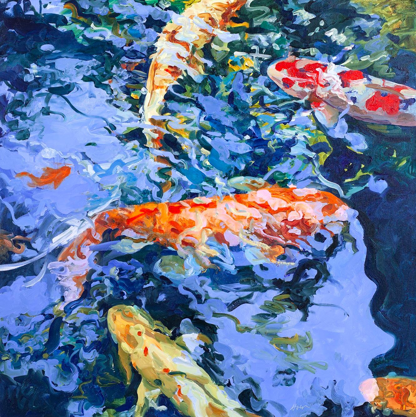 Linda Holt Figurative Painting - "9 Koi 23"    Bright Orange, Yellow, Red, White Koi Swimming in Blue/Green Water
