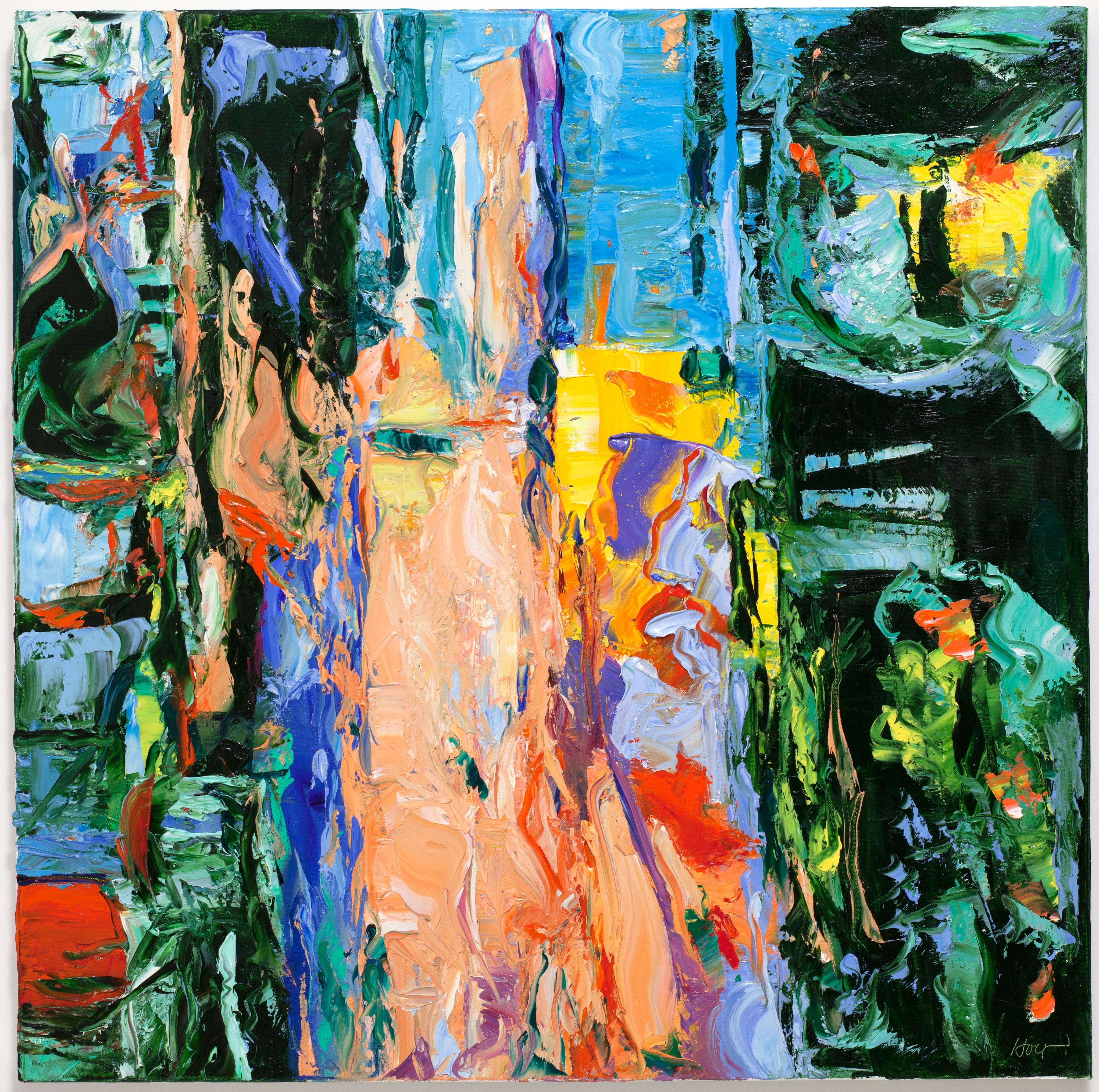 Linda Holt Abstract Painting - "Large Abstraction, After De Kooning, Black, Blue, Green, Red, Yellow, Salmon"