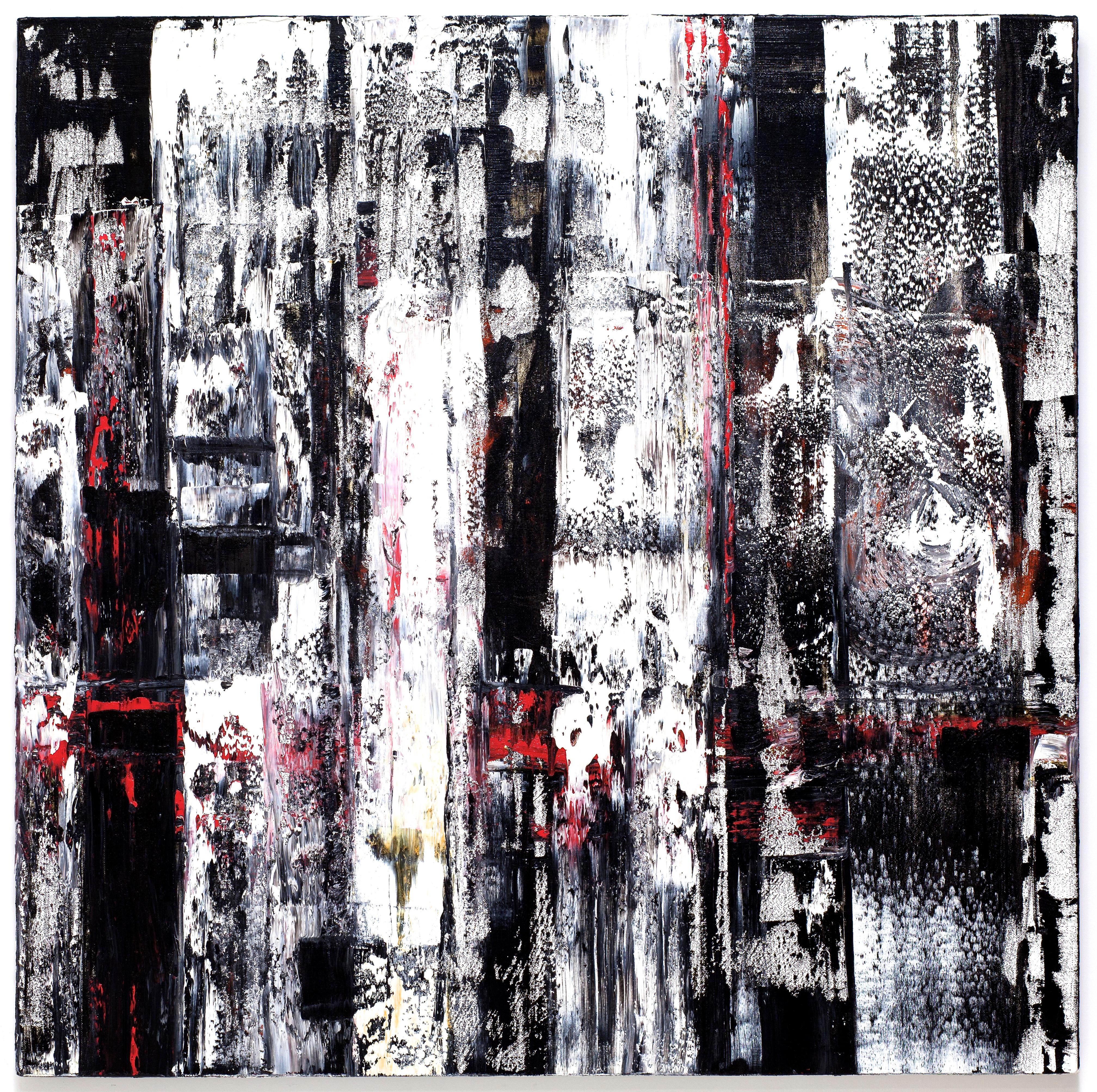 Linda Holt Abstract Painting - "Large Abstraction, Black, White and A Little Red" Oil Paint Expressionist Bold