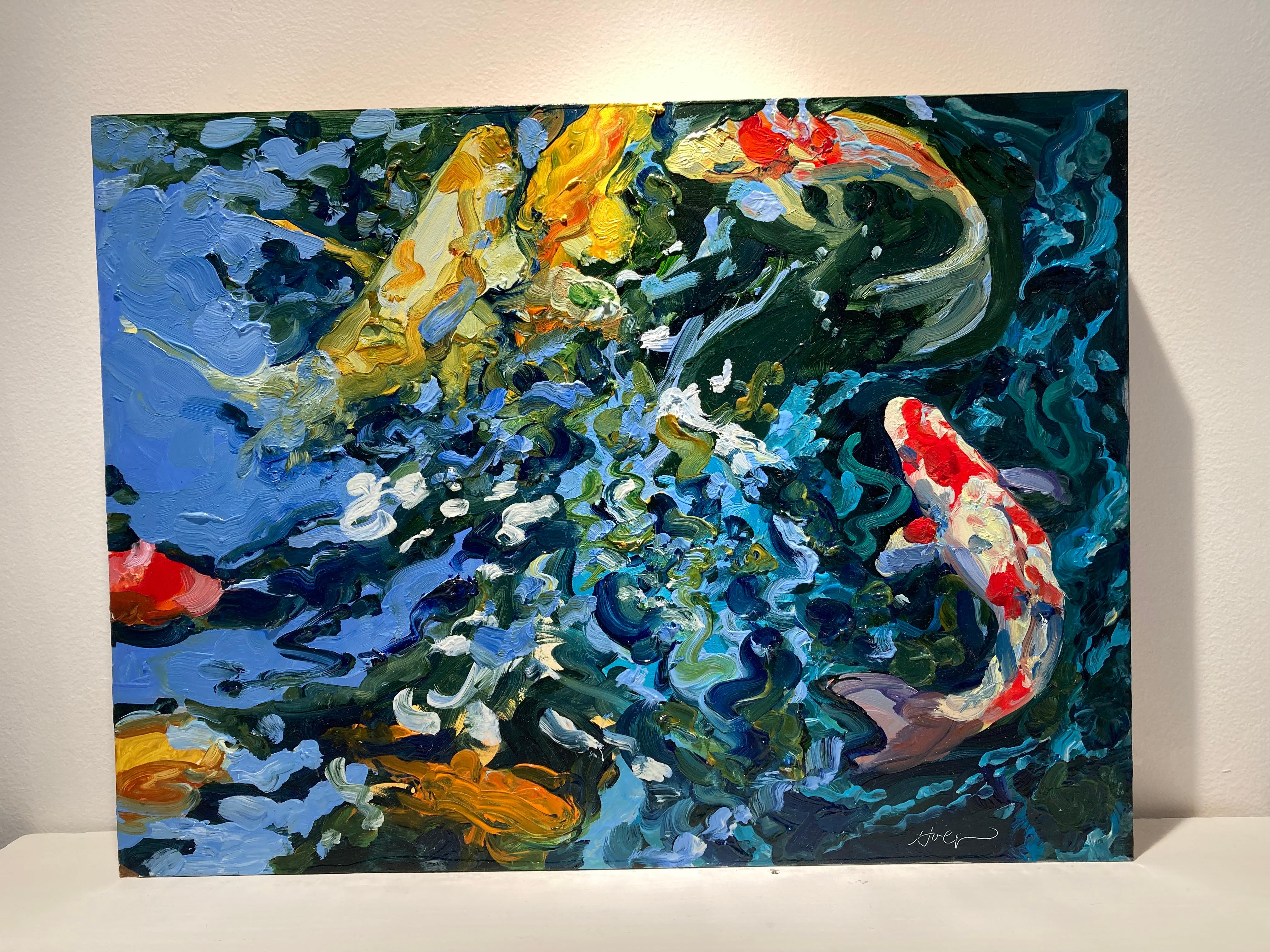 "Koi Fish Underwater Landscape" Abstract bright red, white, blues, greens, light