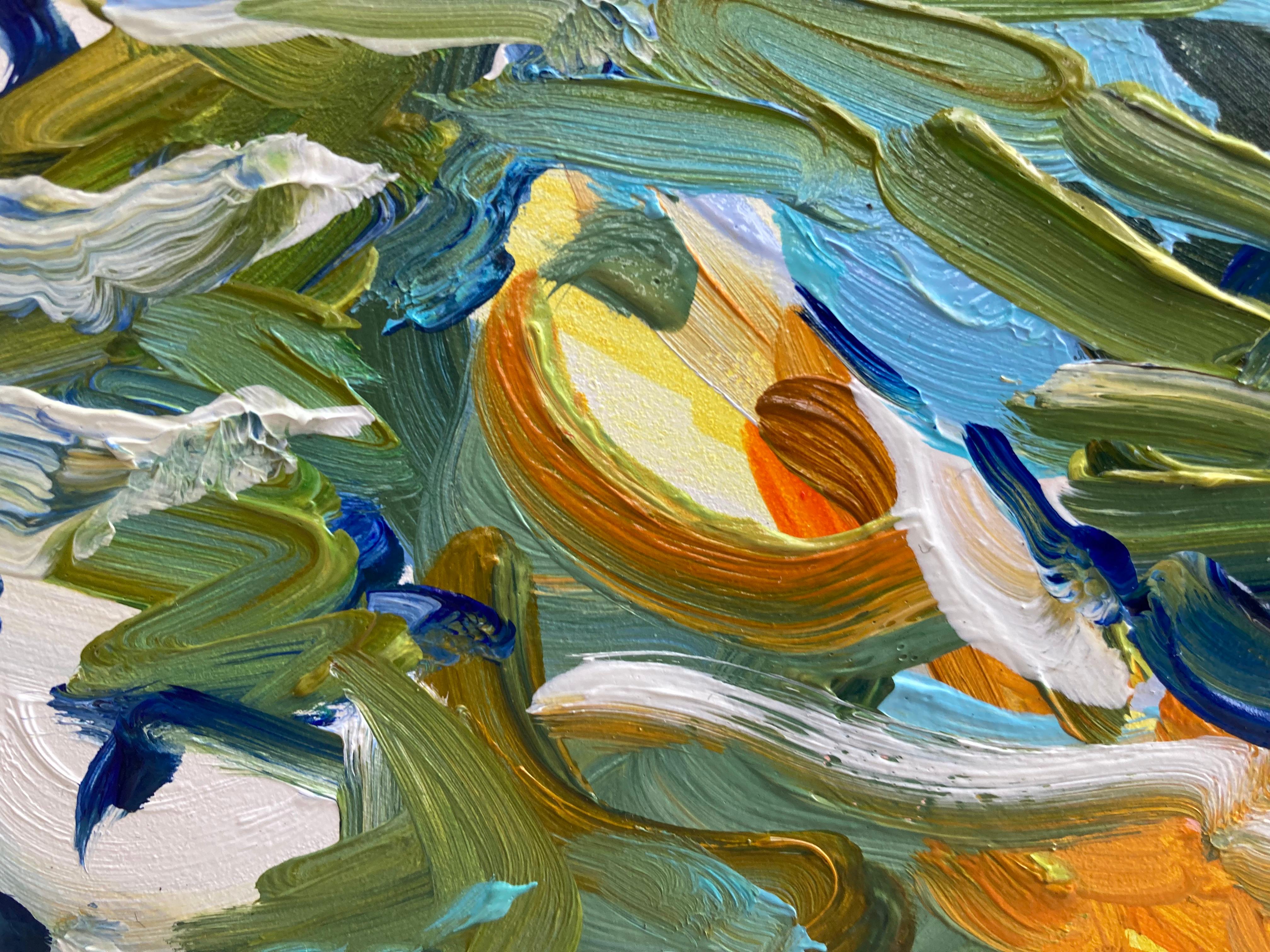 Paysage sous-marin Koi - poissons brillants nageant, bleus, verts, roses, rouges orange - Painting de Linda Holt