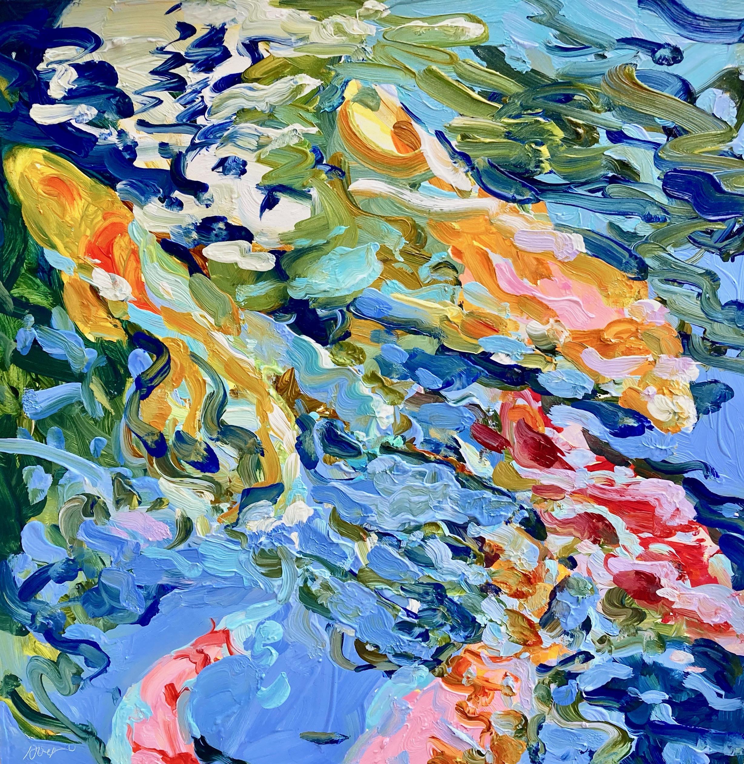 Linda Holt Animal Painting - "Koi Underwater Landscape" Bright fish swimming, blues, greens, pink, orange red