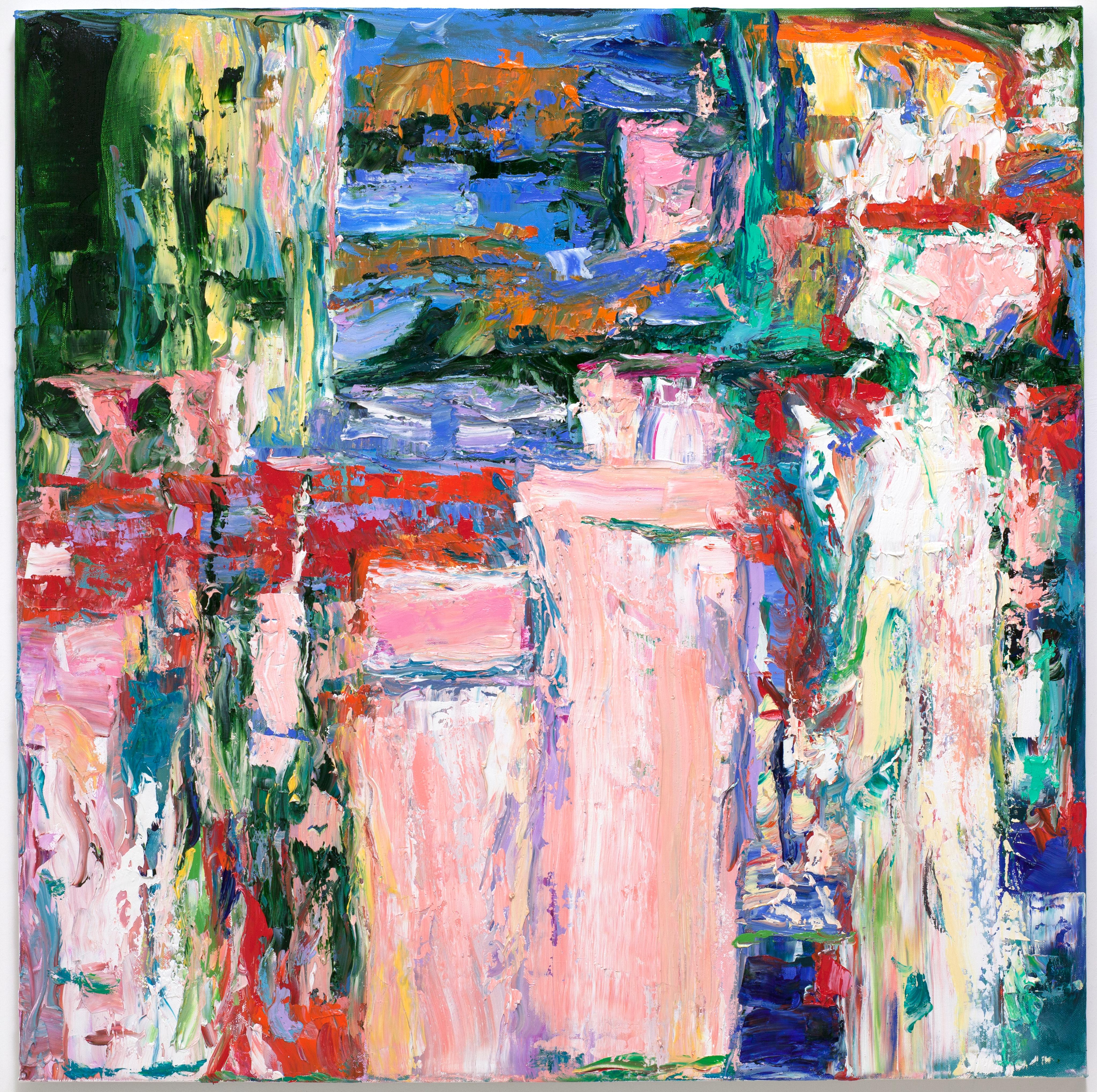 Abstract Painting di Linda Holt - "Grande astrazione, Rosa, Bianco, Blu, Verde, Giallo e Verde"