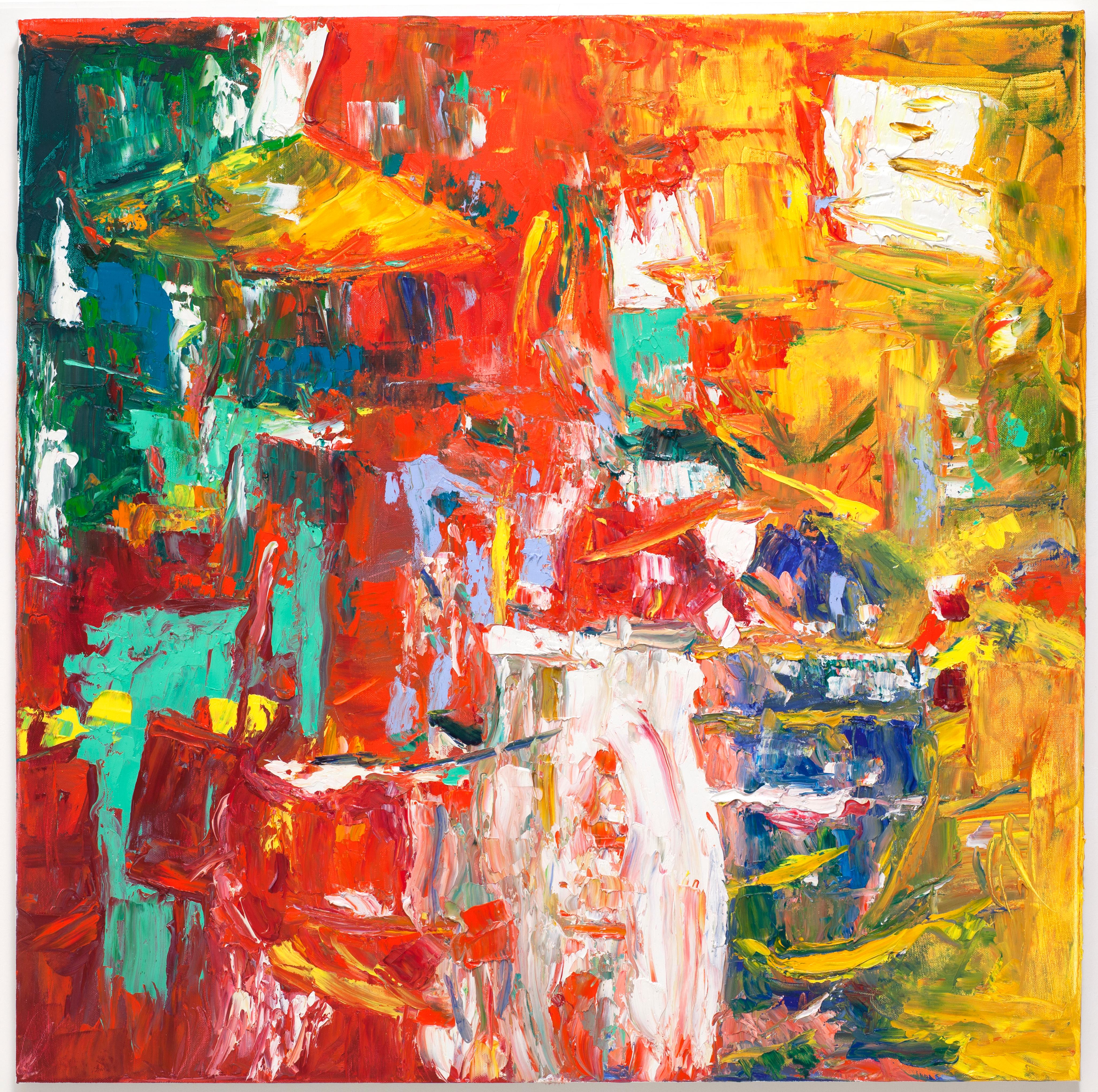 Linda Holt Abstract Painting - "Untitled" Large Abstract Expressionist Red Orange Yellow Bold Colorful