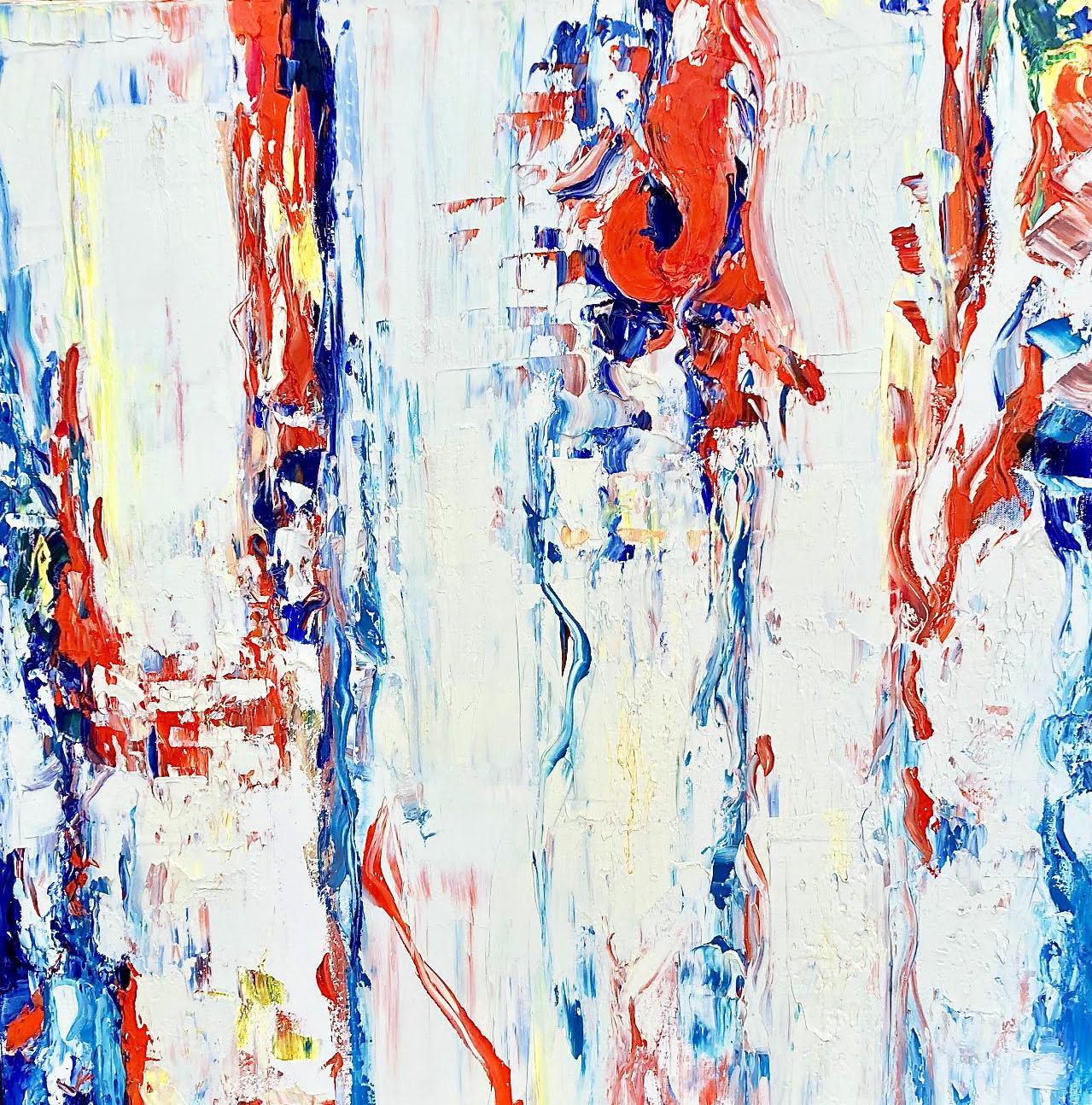 "Mostly White 2"   30" x 30"   Abstract Expressionist Ptg  White/Orange/Red/Blue