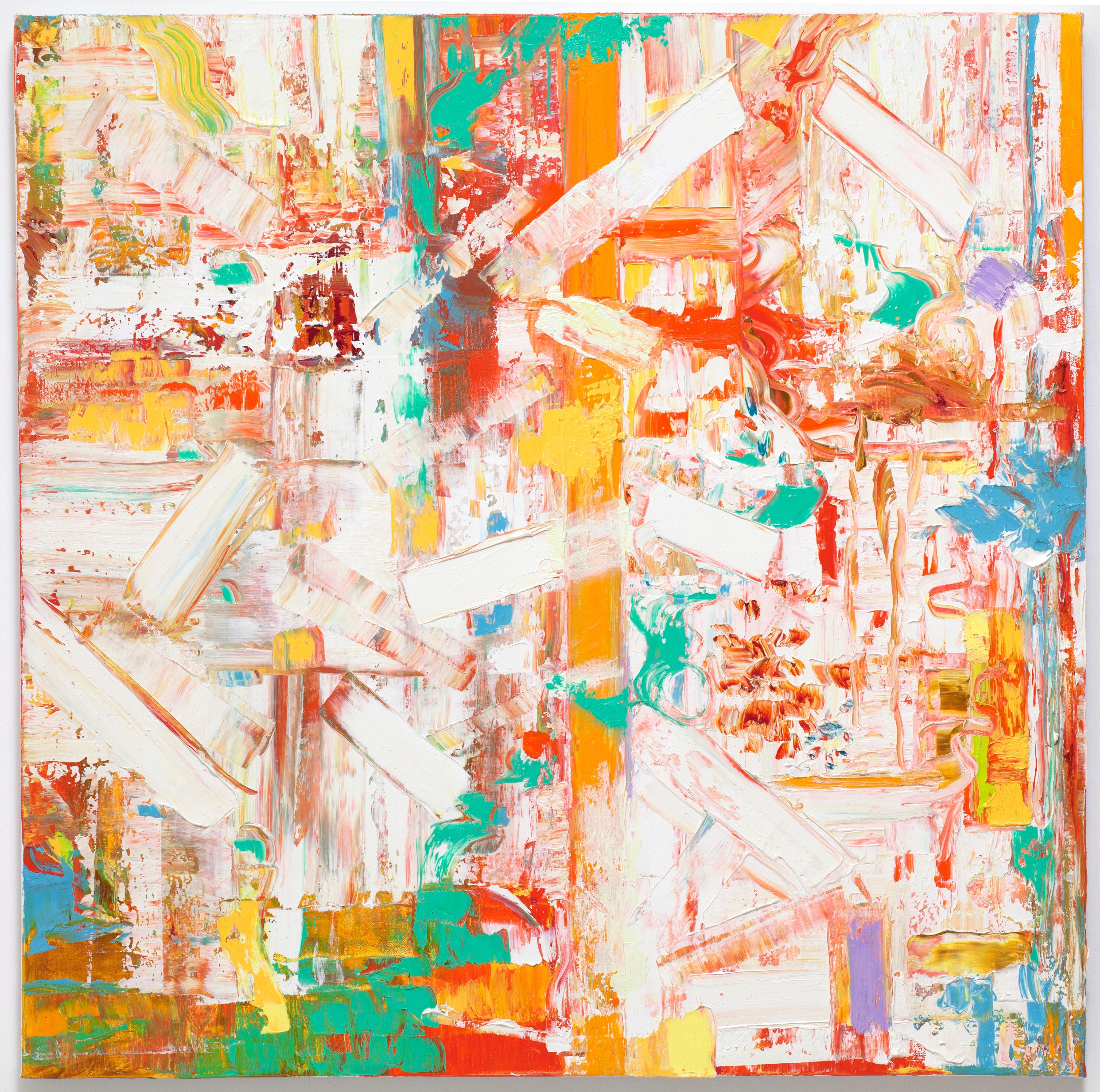 Linda Holt Abstract Painting - "Large Abstraction, Mostly White 3,  with Orange, Yellow, Green and Blue"