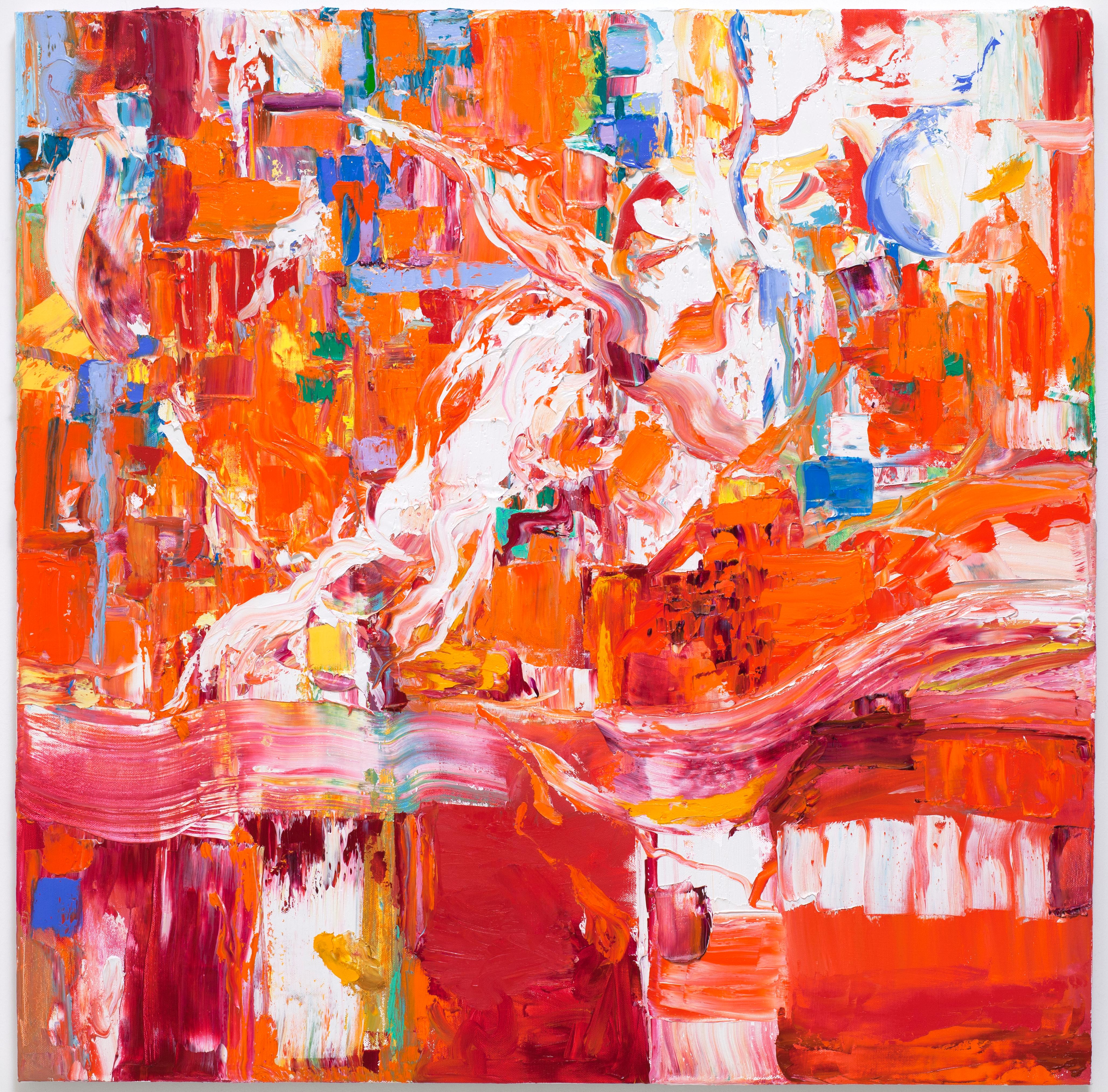 Abstract Painting di Linda Holt - "Grande astrazione" Arancione Rosso Espressionista Audace Colorato Pittura ad olio