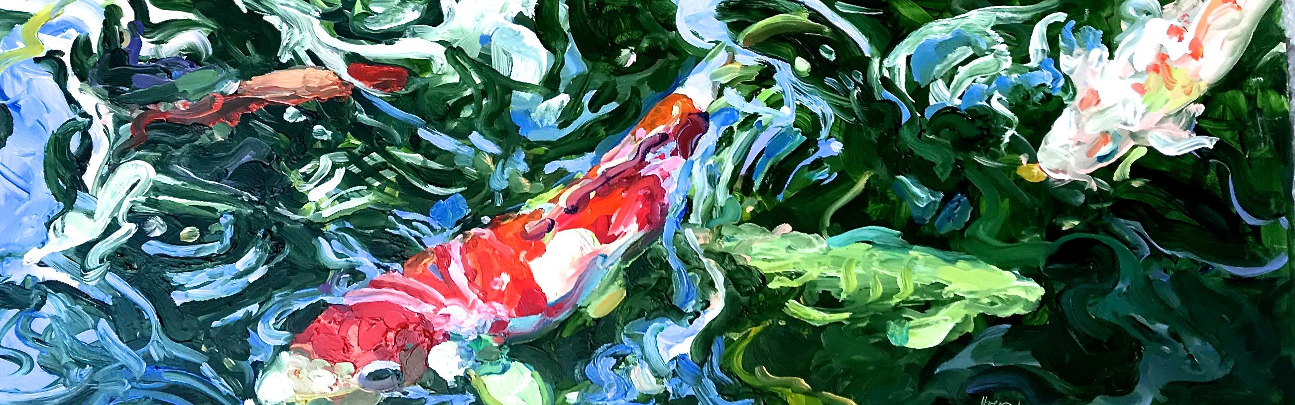 Linda Holt Animal Painting - "Red and White Koi 2" Expressionist Animals Fish Water Nature Oil Painting Blue