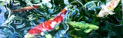 "Red and White Koi 2" Expressionist Animals Fish Water Nature Oil Painting Blue