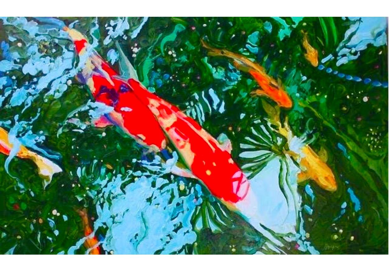 "Seven Koi 16" - Bright Abstract Fish Underwater - red/orange/yellow/blue/green - Painting by Linda Holt