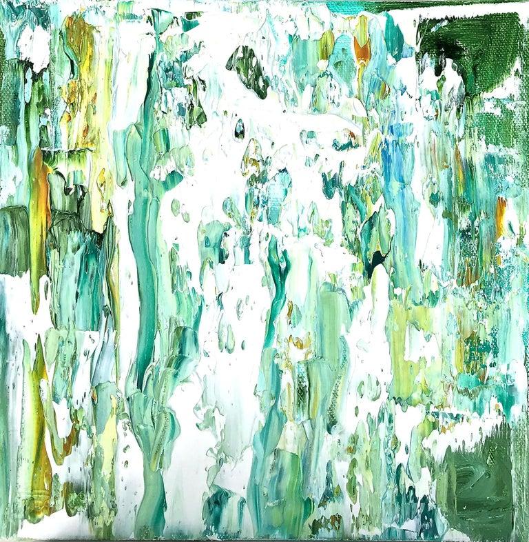 Linda Holt Abstract Painting - "Small # 138"  Brilliant Abstr Exp Ptg    8" x 8"   Green/White/Yellow/Aqua