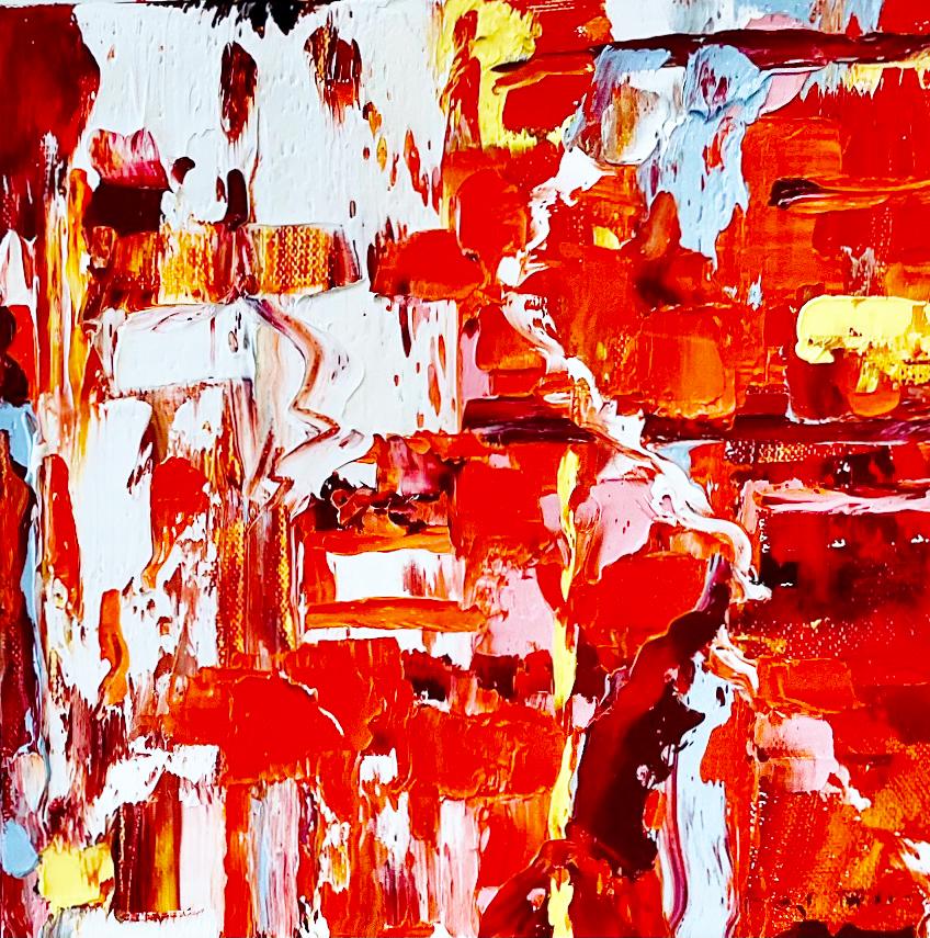 Linda Holt Abstract Painting - "Small # 175"  Brilliant Abstr Exp Ptg    8" x 8"   Red/Orange/White/Yellow/Blue