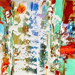 "Small # 176"  Brilliant Abstr Exp Ptg    8" x 8"   White/Blue/Green/Yellow/Aqua