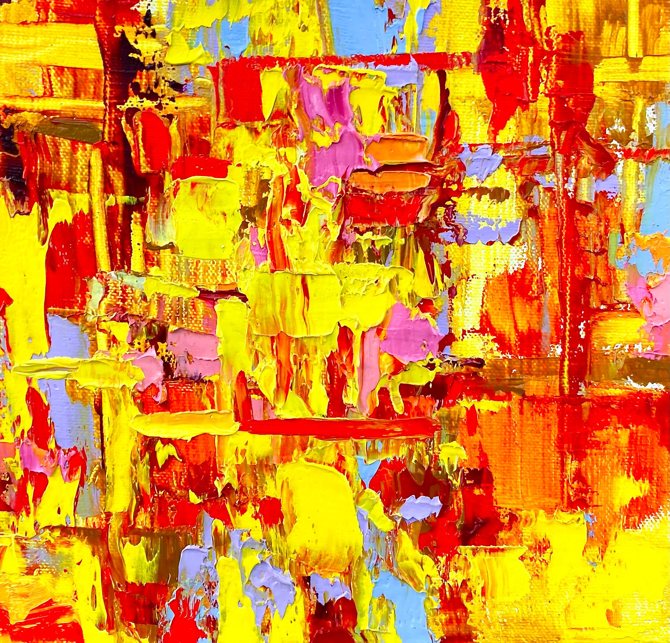L'une d'une grande série de petites peintures expressionnistes abstraites carrées brillamment colorées, mesurant 8