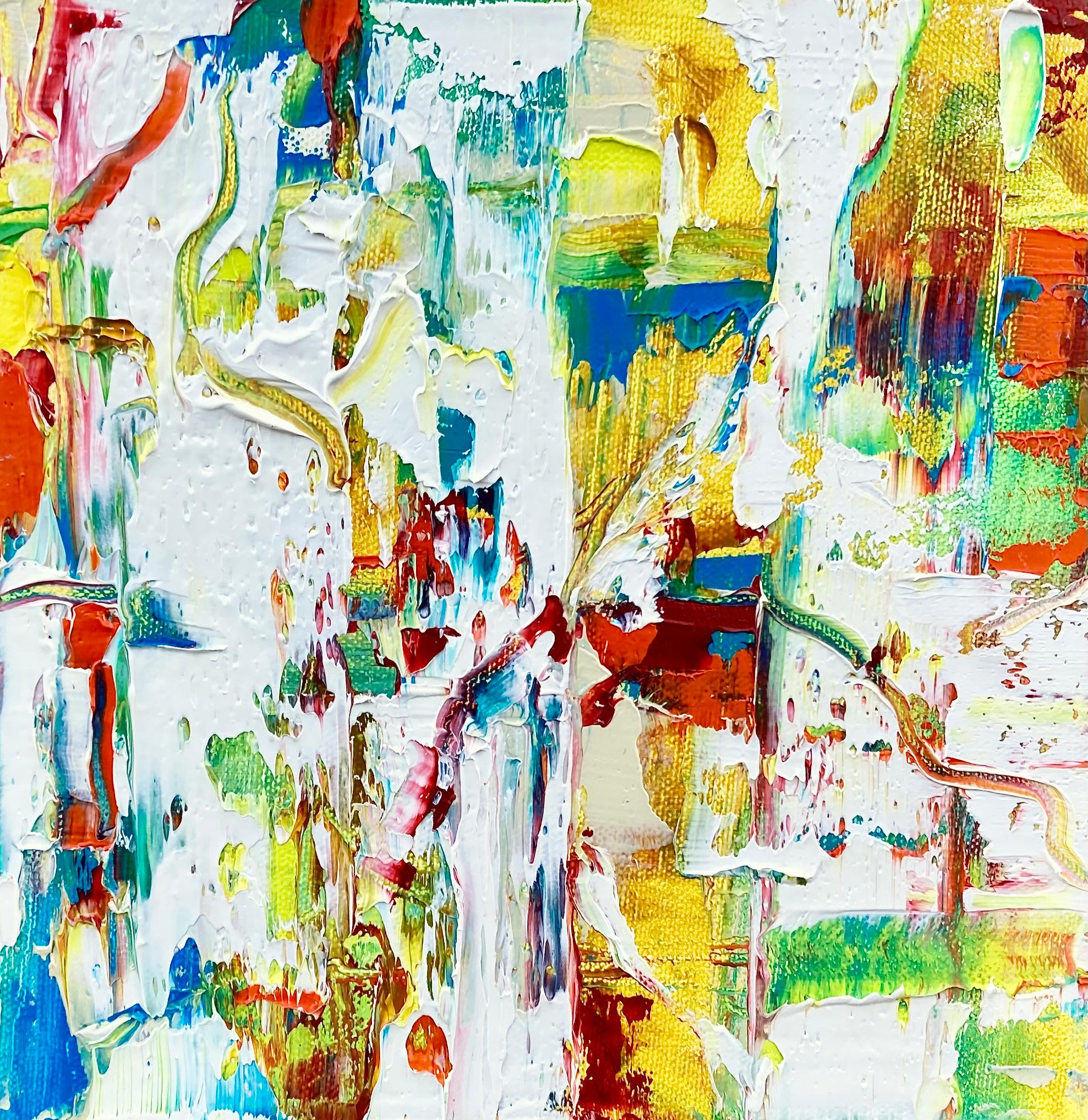 Uno di una grande serie di piccoli dipinti quadrati di espressionismo astratto dai colori brillanti, che misurano 8