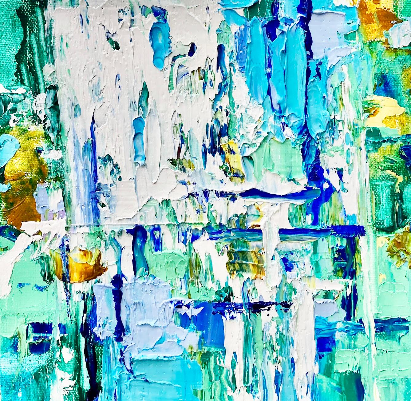 Abstract Painting Linda Holt - « Petit n° 176 »  Brilliante Abstr Exp Ptg    8" x 8"   Whiting/Bleu/Vert/Jaune/Aqua