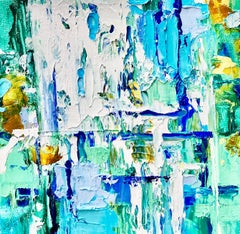 "Small # 176"  Brilliant Abstr Exp Ptg    8" x 8"   White/Blue/Green/Yellow/Aqua