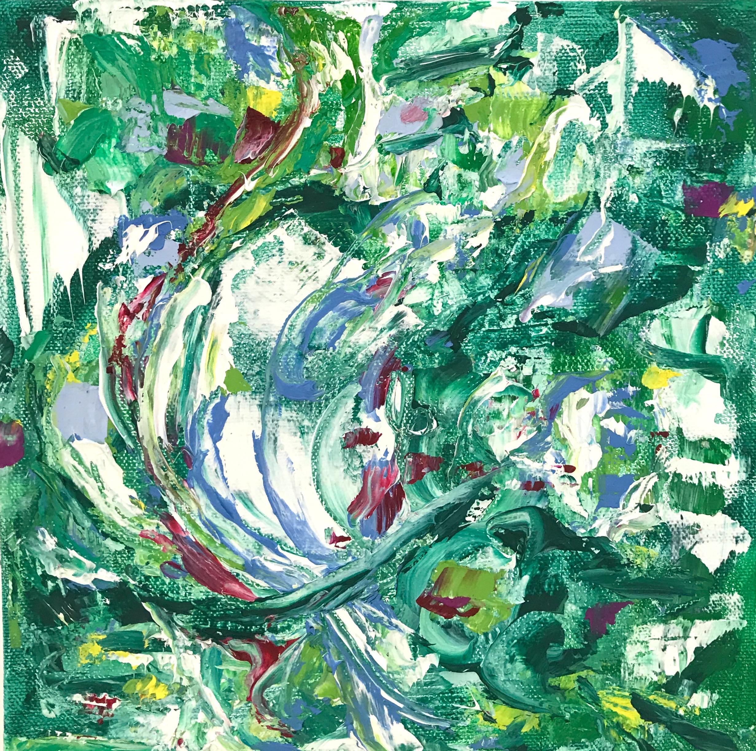 Abstract Painting di Linda Holt - "Piccolo astratto #108, espressionista astratto dai colori vivaci verde/viola/bianco"