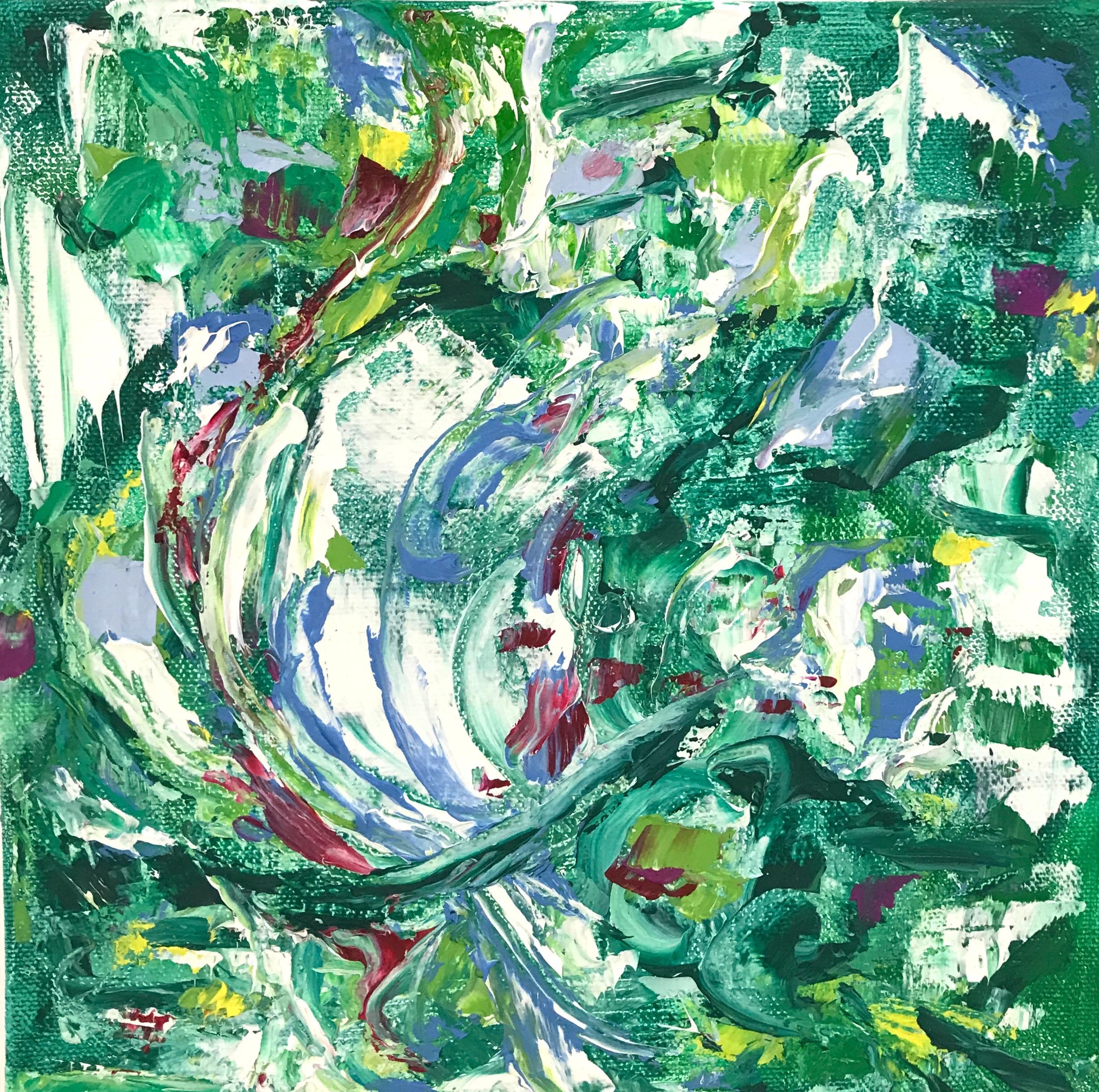 Linda Holt Abstract Painting - "Small Abstract #108, Vividly Colored Green/Purple/White Abstract Expressionist"