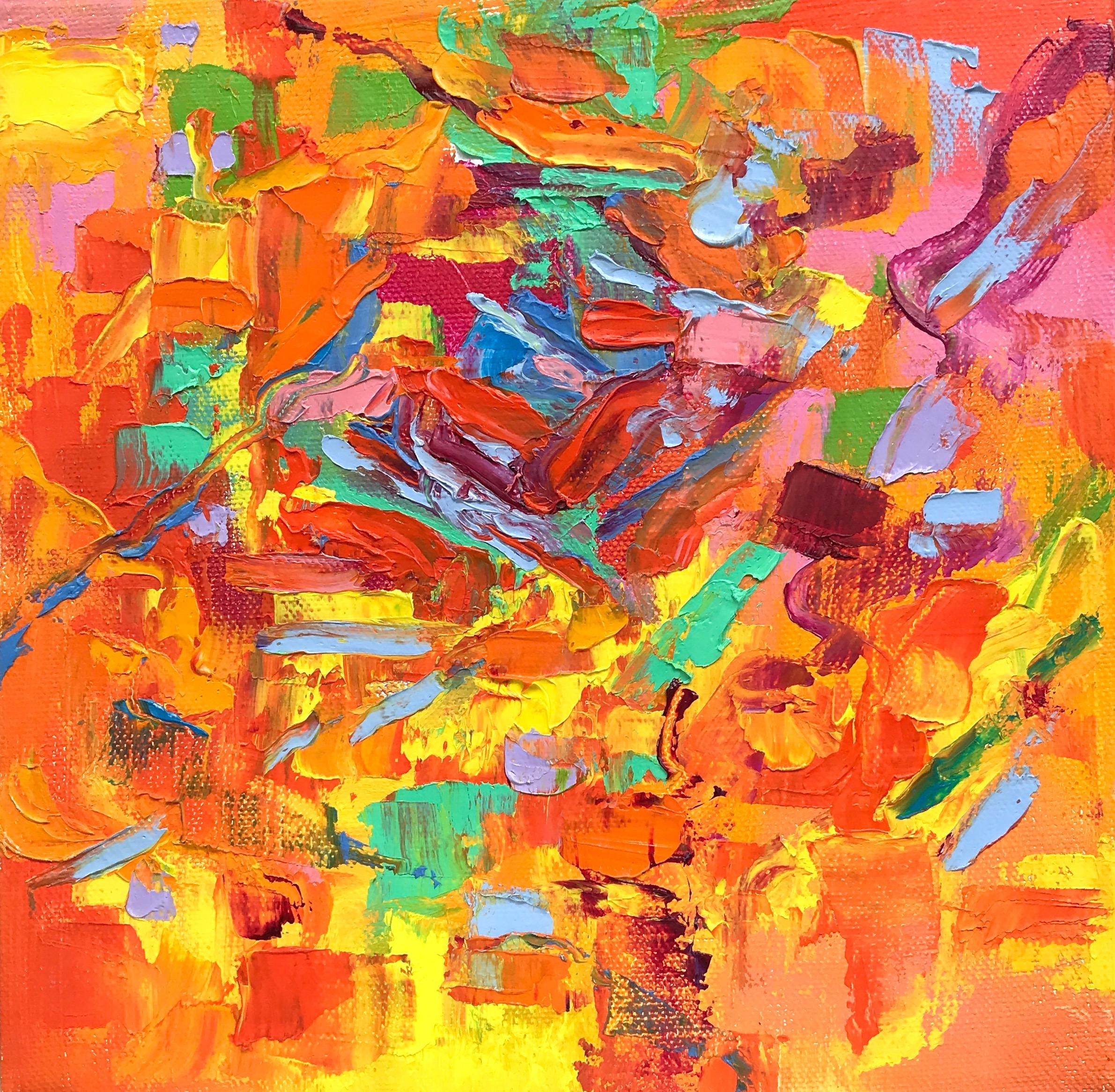 Linda Holt Abstract Painting - "Small Abstract #110"   Vivid Expressionist Oil Orange, Yellow, Pink, Green, Red
