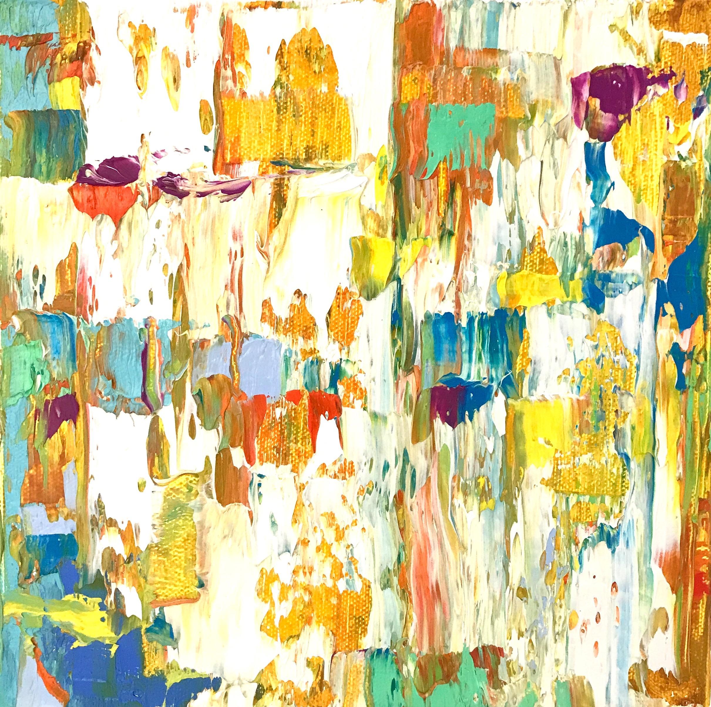 Linda Holt Abstract Painting - "Small Abstract #116" Orange, Blue, Green, White, Yellow, Red Expressionist Work